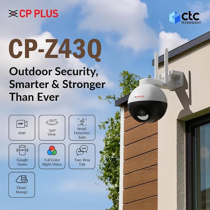 CP Plus CP-Z43Q 4MP Quad HD Smart Outdoor Wi-Fi Security Camera (AI Human Detection, Cloud Recording, STQC Certified, Full Colour Night Vision, Motion Tracking, Google Home & Alexa Compatible)