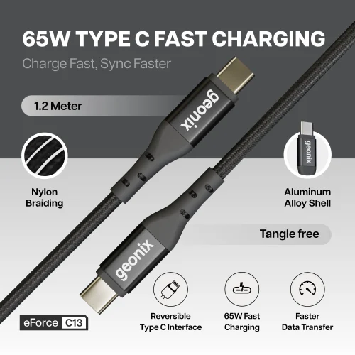Geonix eForce C13 65W Type-C to Type-C Fast Charging Cable – 1.2 Metre Braided USB-C Cable